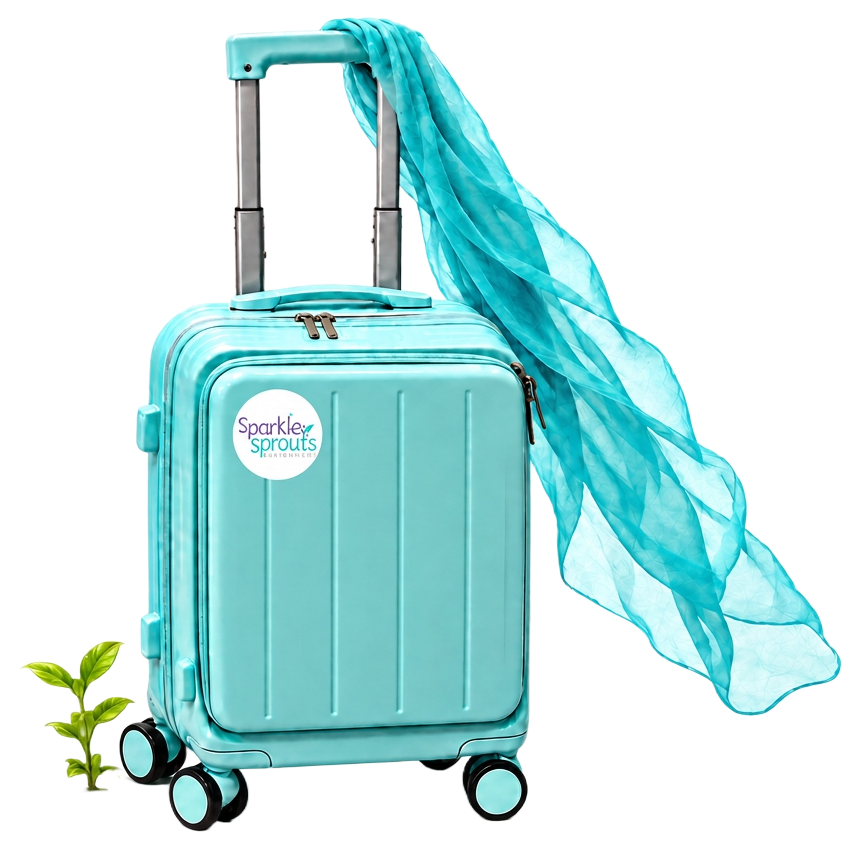 The Mobile Enrichment Kit: a turquoise rolling case with a flowing scarf and a small green sprout, carrying the SparkleSprouts Enrichment mark
