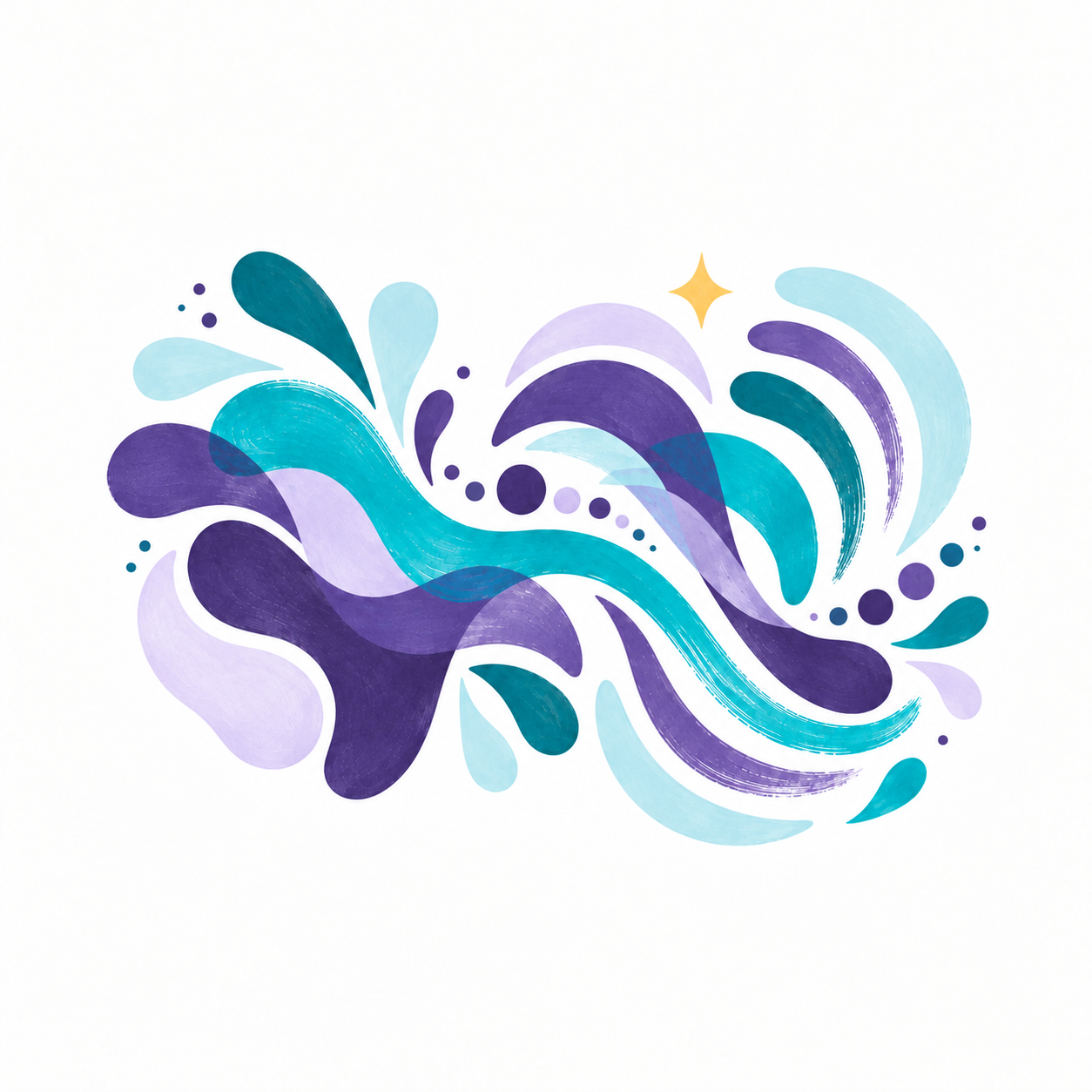 Illustration of swirling music-like ribbons and dots in teal, purple and aqua, with a small gold star