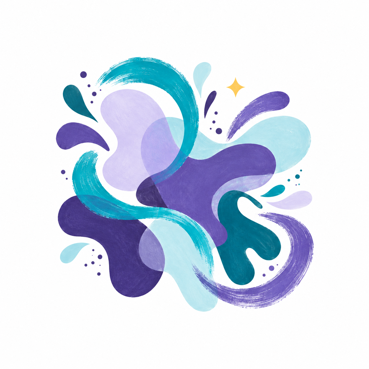 Illustration of flowing paint-like shapes in teal, purple and aqua, with a small gold star